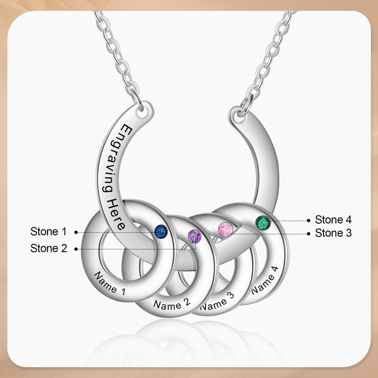 Collana con ciondolo di cerchio 4 pietre di nascita e 4 nomi e 1 testo personalizzato regalo per donna