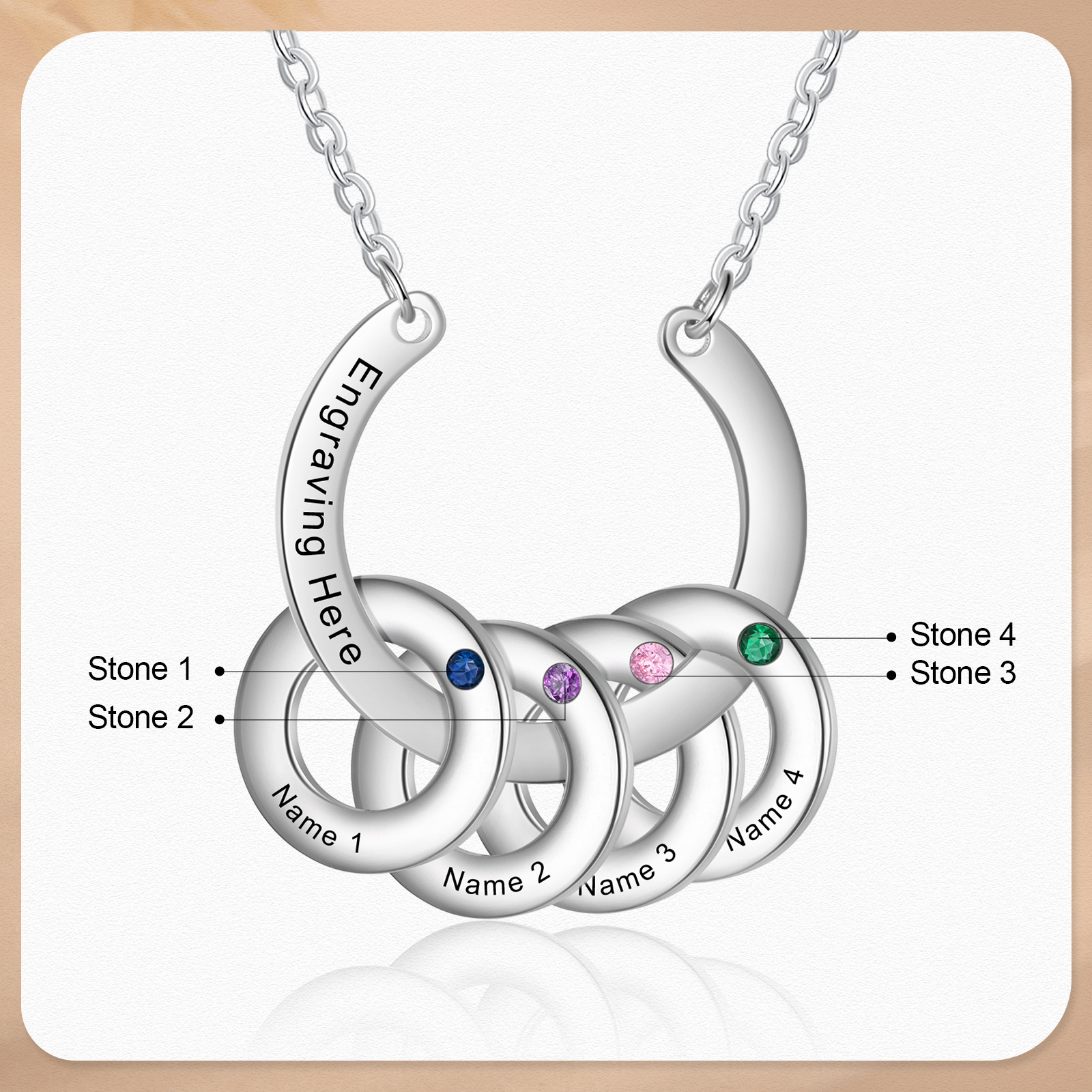 Collana con ciondolo di cerchio 4 pietre di nascita e 4 nomi e 1 testo personalizzato regalo per donna