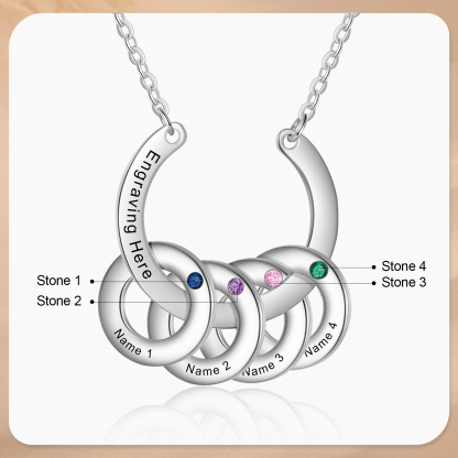 Collana con ciondolo di cerchio 4 pietre di nascita e 4 nomi e 1 testo personalizzato regalo per donna