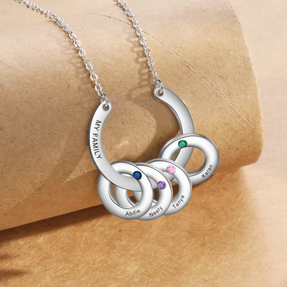 Collana con ciondolo di cerchio 4 pietre di nascita e 4 nomi e 1 testo personalizzato regalo per donna
