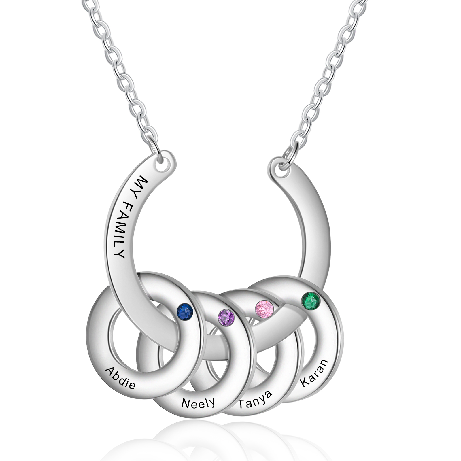 Collana con ciondolo di cerchio 4 pietre di nascita e 4 nomi e 1 testo personalizzato regalo per donna