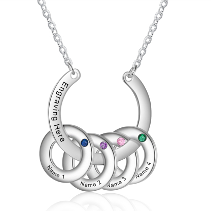 Collana con ciondolo di cerchio 4 pietre di nascita e 4 nomi e 1 testo personalizzato regalo per donna