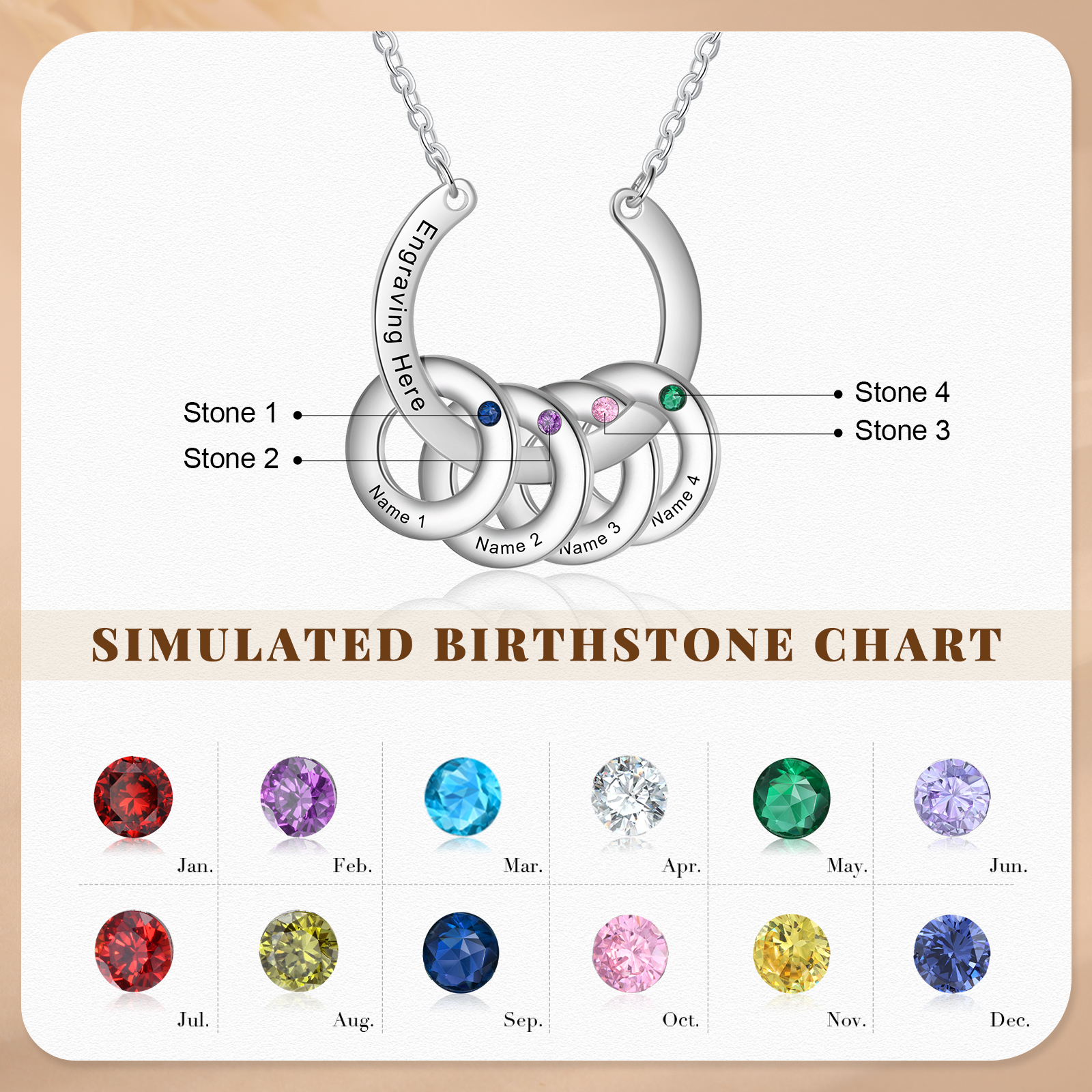 Collana con ciondolo di cerchio 4 pietre di nascita e 4 nomi e 1 testo personalizzato regalo per donna