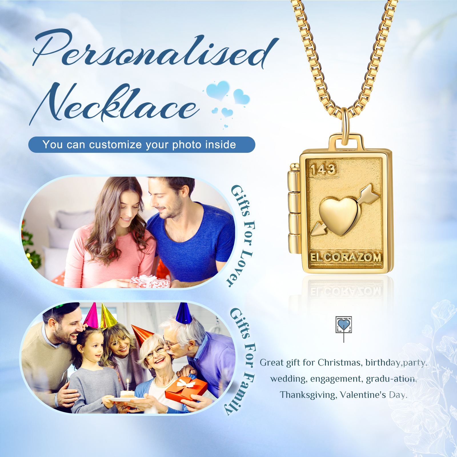 Collana Luna con ciondolo di busta con 1 foto personalizzato