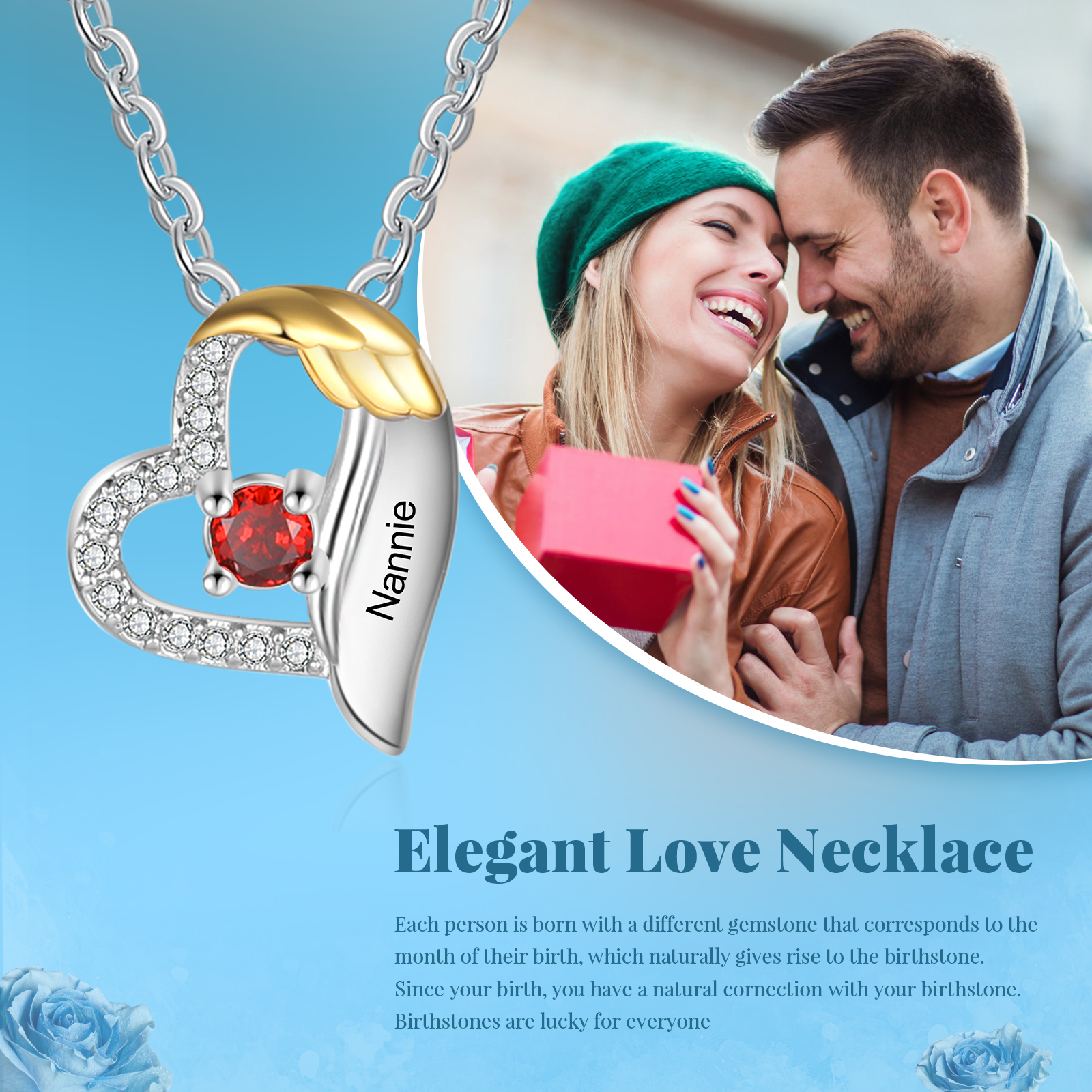 Collana Cuore con ali oro personalizzata con 1 nome e 1 con Pietre di Nascita regalo per donna