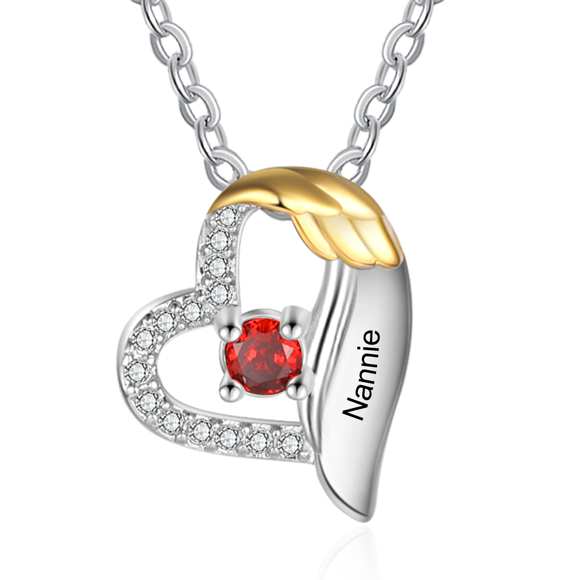 Collana Cuore con ali oro personalizzata con 1 nome e 1 con Pietre di Nascita regalo per donna