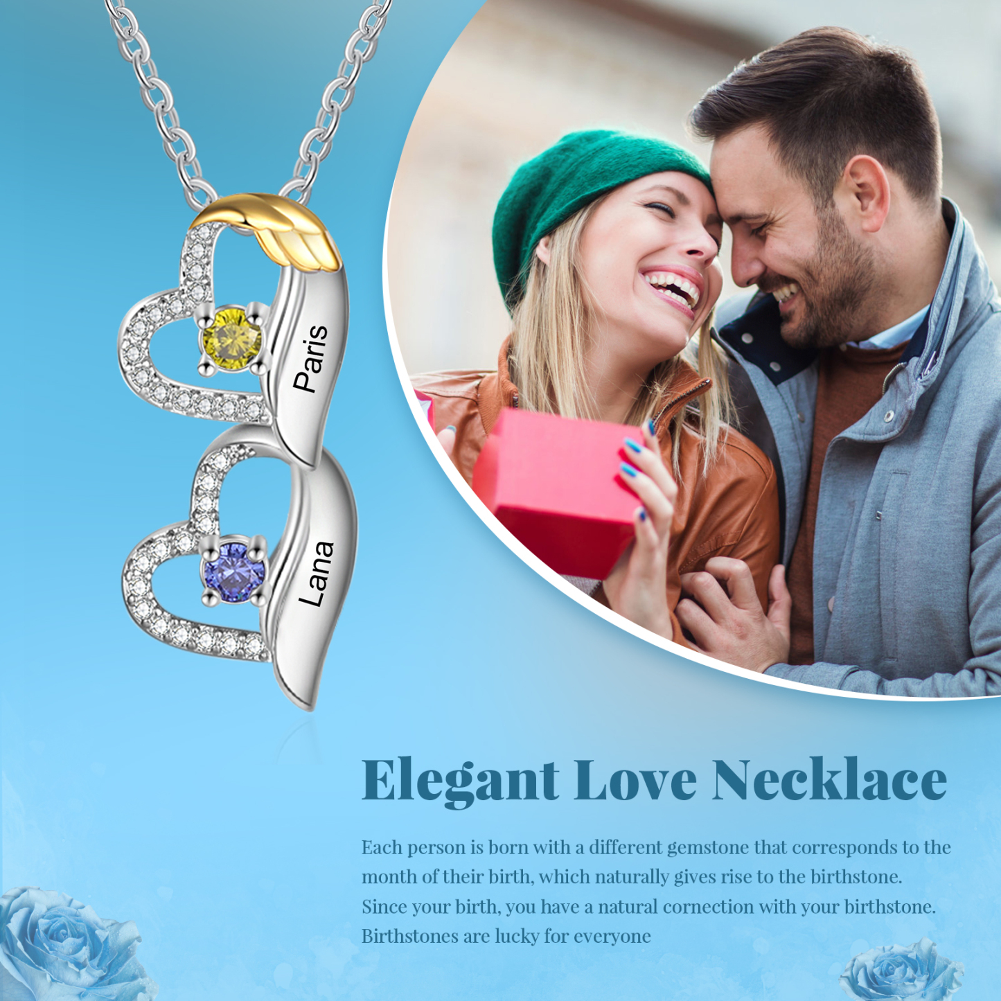 Collana Cuore con ali oro personalizzata con 2 nomi e 2 Pietre di Nascita regalo per donna