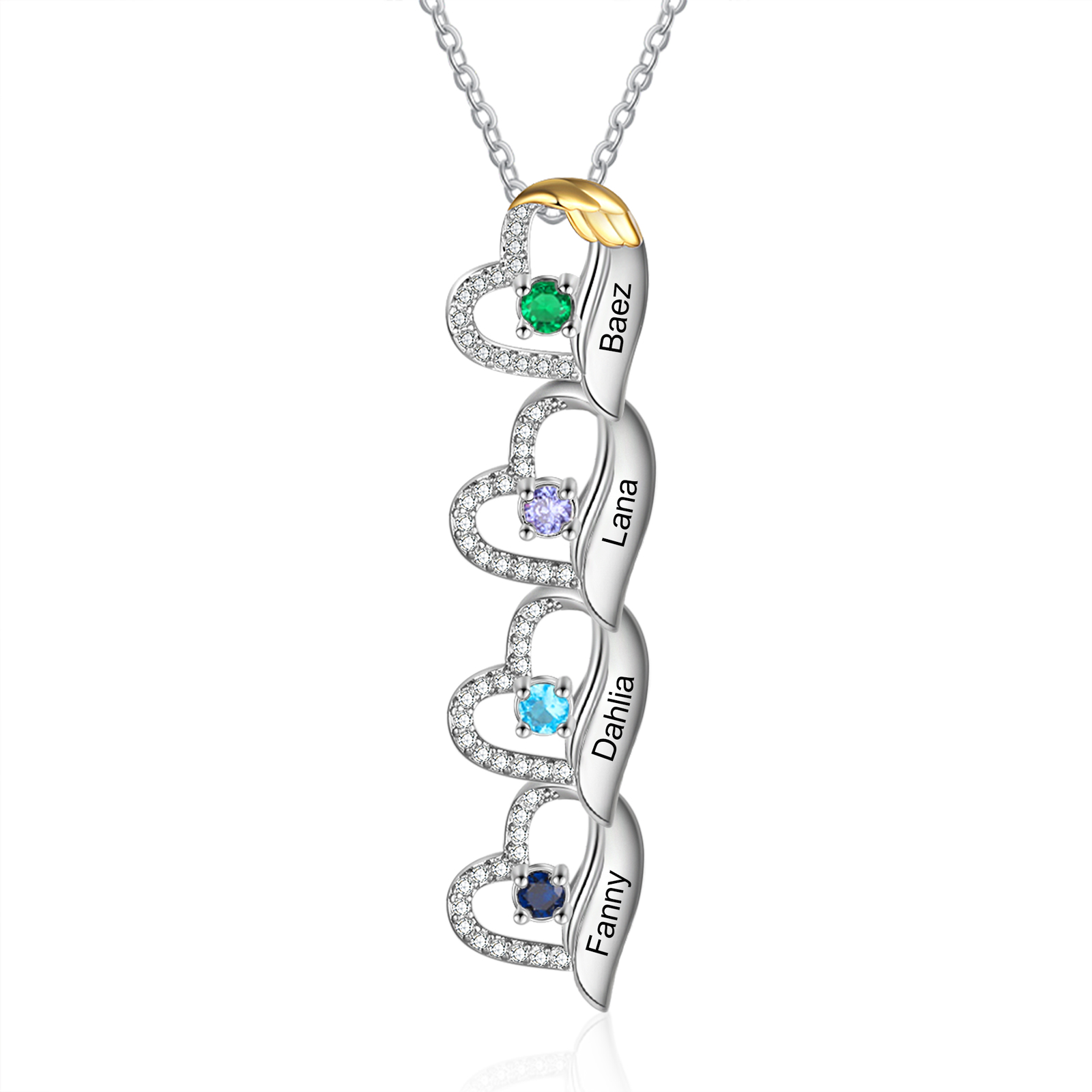 Collana Cuore con ali oro personalizzata con 4 nomi e 4 Pietre di Nascita regalo per donna