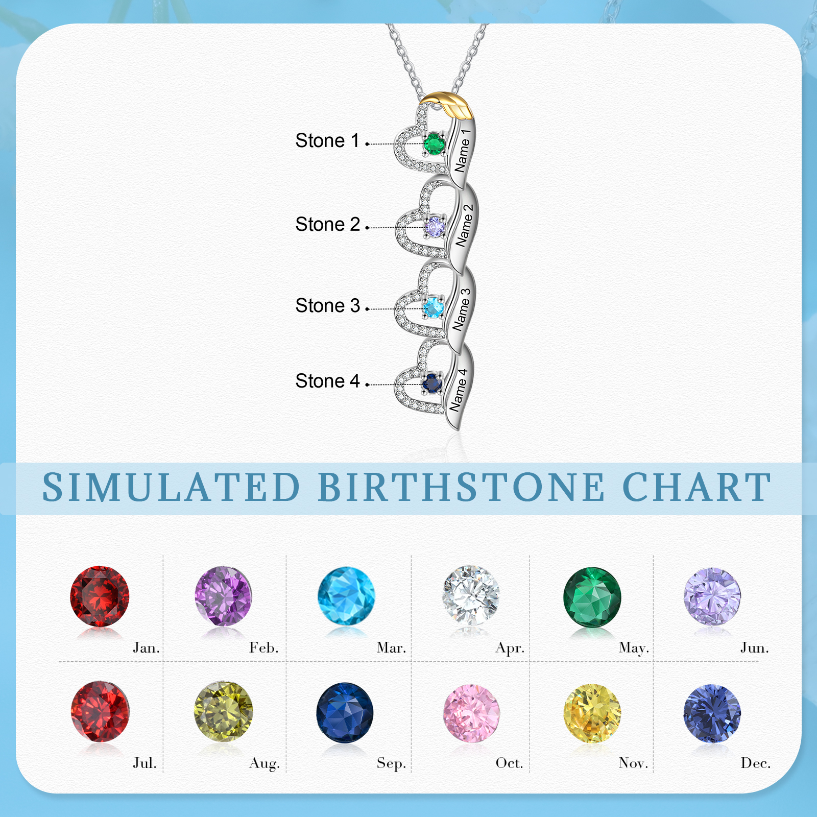 Collana Cuore con ali oro personalizzata con 4 nomi e 4 Pietre di Nascita regalo per donna