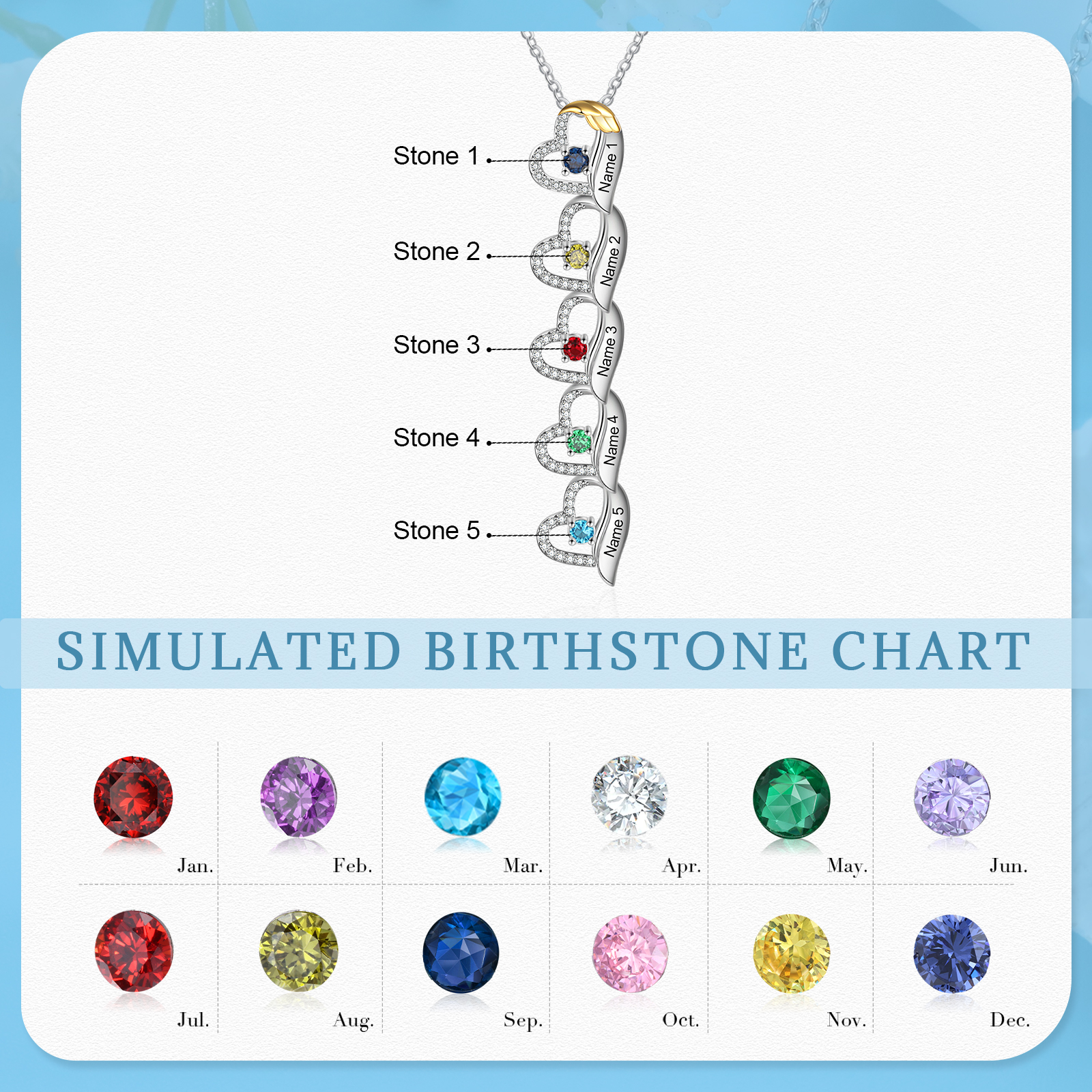 Collana Cuore con ali oro personalizzata con 5 nomi e 5 Pietre di Nascita regalo per donna