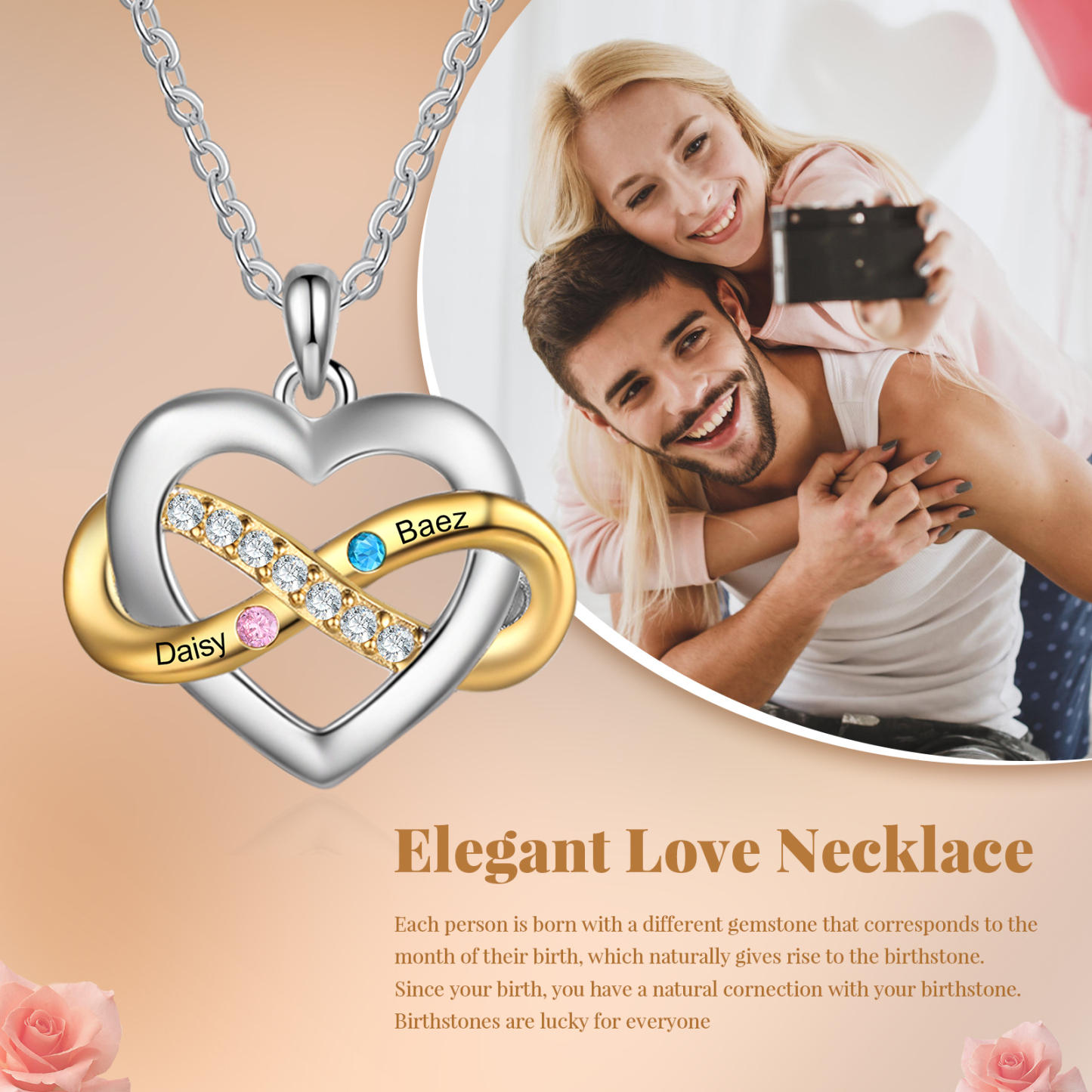 Collana Cuore Infinito personalizzata con 2 nomi e 2 con Pietre di Nascita regalo per donna