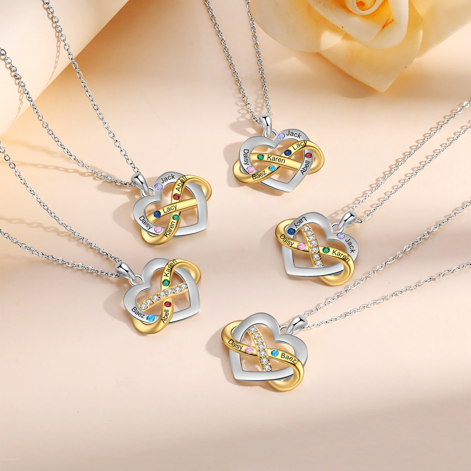 Collana Cuore Infinito personalizzata con 2 nomi e 2 con Pietre di Nascita regalo per donna