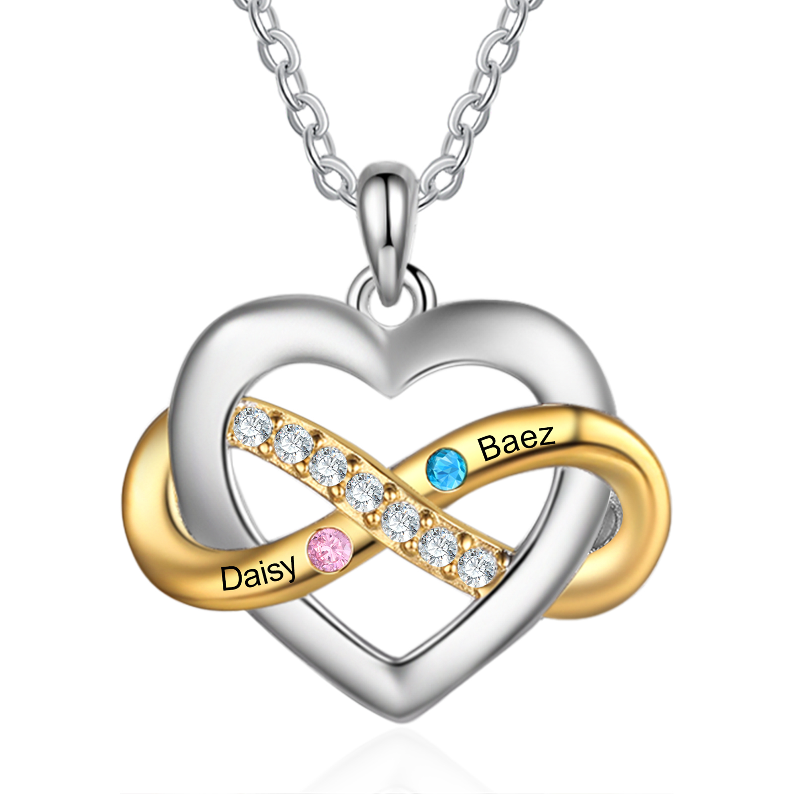 Collana Cuore Infinito personalizzata con 2 nomi e 2 con Pietre di Nascita regalo per donna