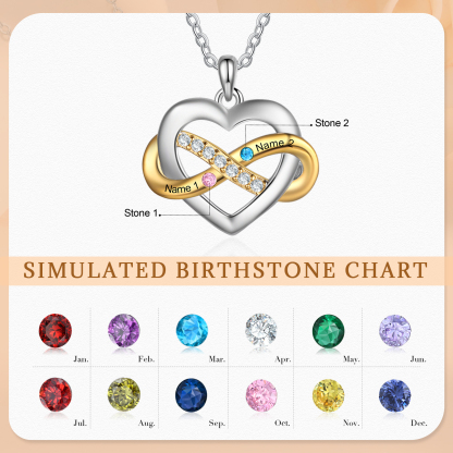 Collana Cuore Infinito personalizzata con 2 nomi e 2 con Pietre di Nascita regalo per donna
