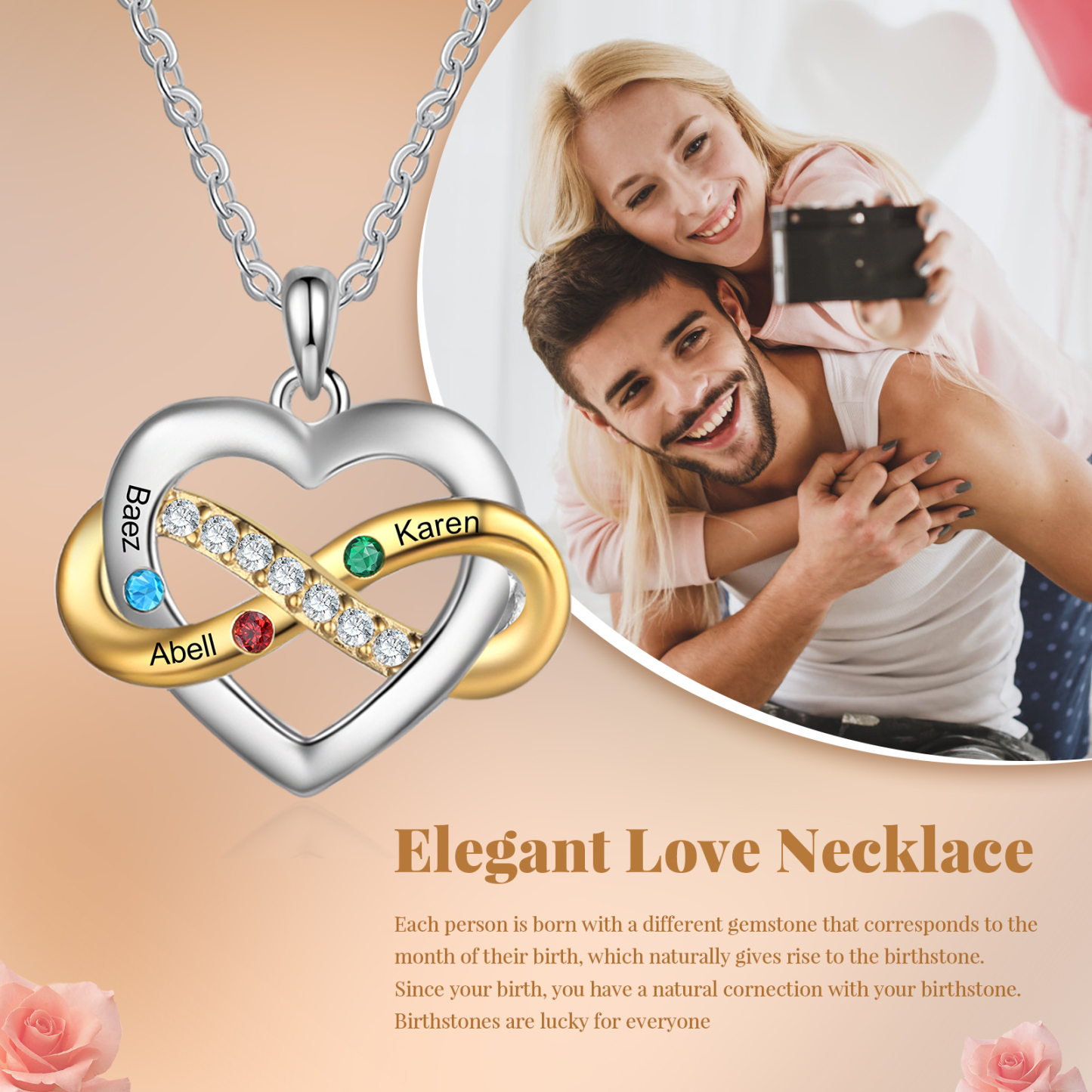 Collana Cuore Infinito personalizzata con 3  nomi e 3 Pietre di Nascita regalo per donna