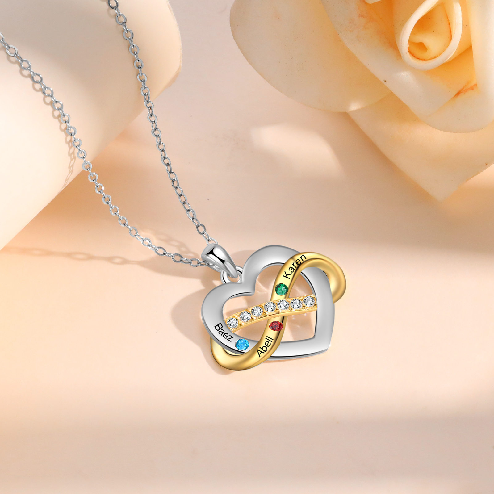 Collana Cuore Infinito personalizzata con 3  nomi e 3 Pietre di Nascita regalo per donna