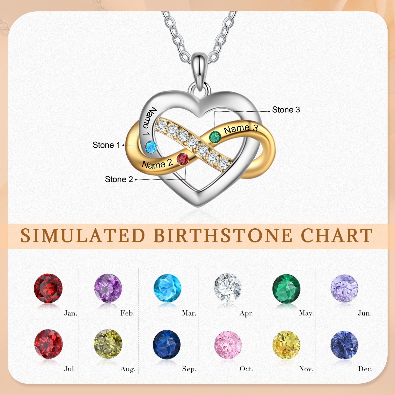 Collana Cuore Infinito personalizzata con 3  nomi e 3 Pietre di Nascita regalo per donna