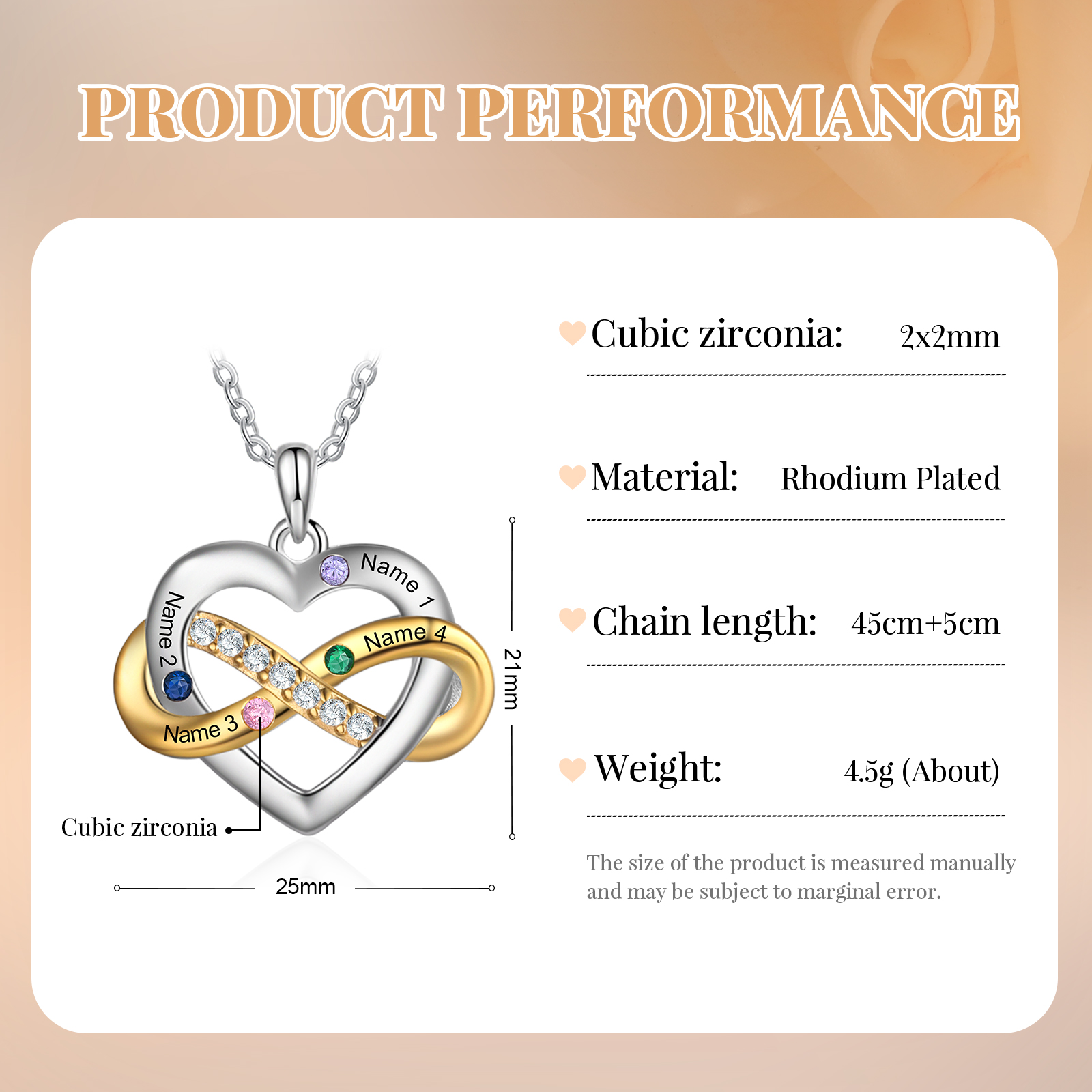 Collana Cuore Infinito personalizzata con 4 nomi e 4 Pietre di Nascita regalo per donna