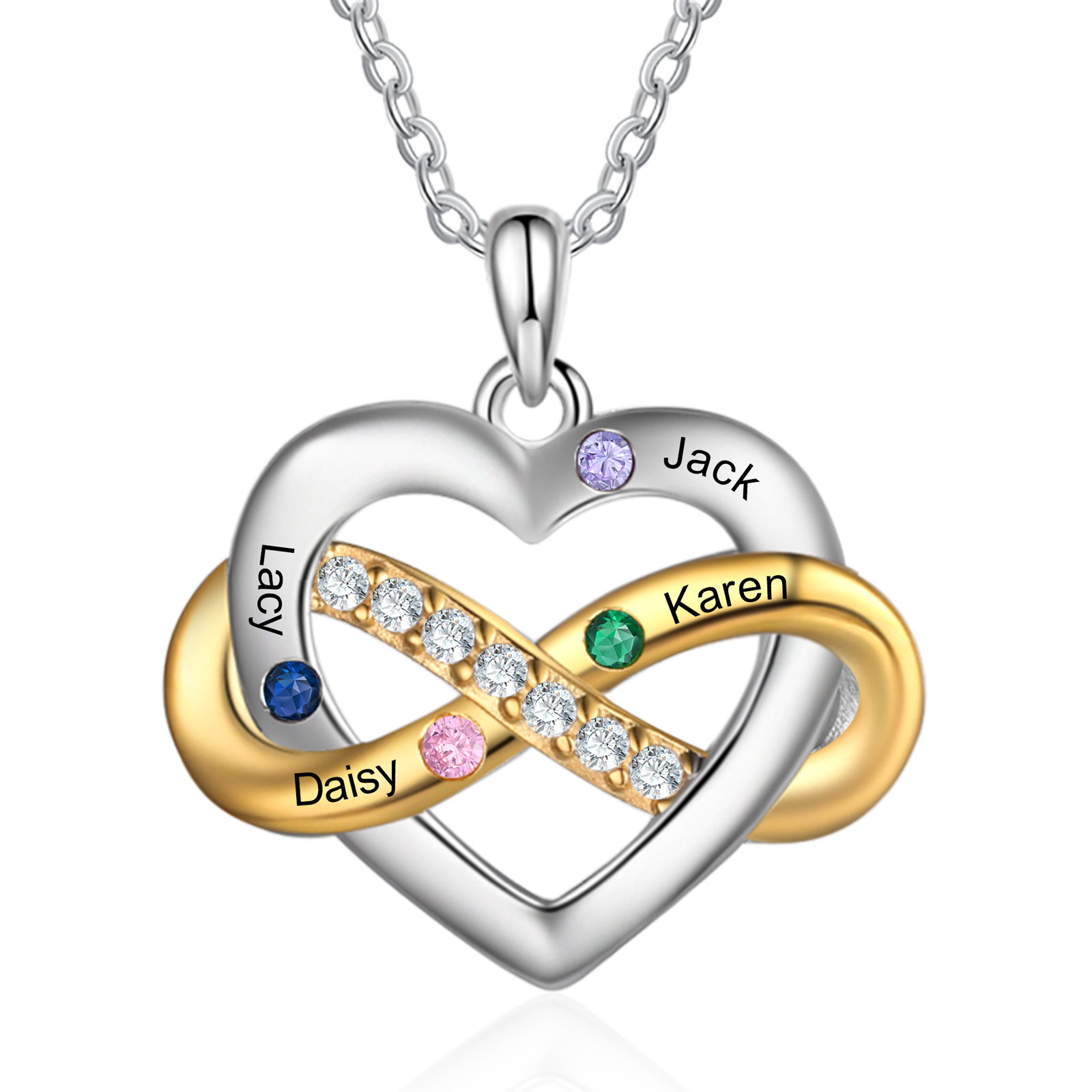 Collana Cuore Infinito personalizzata con 4 nomi e 4 Pietre di Nascita regalo per donna