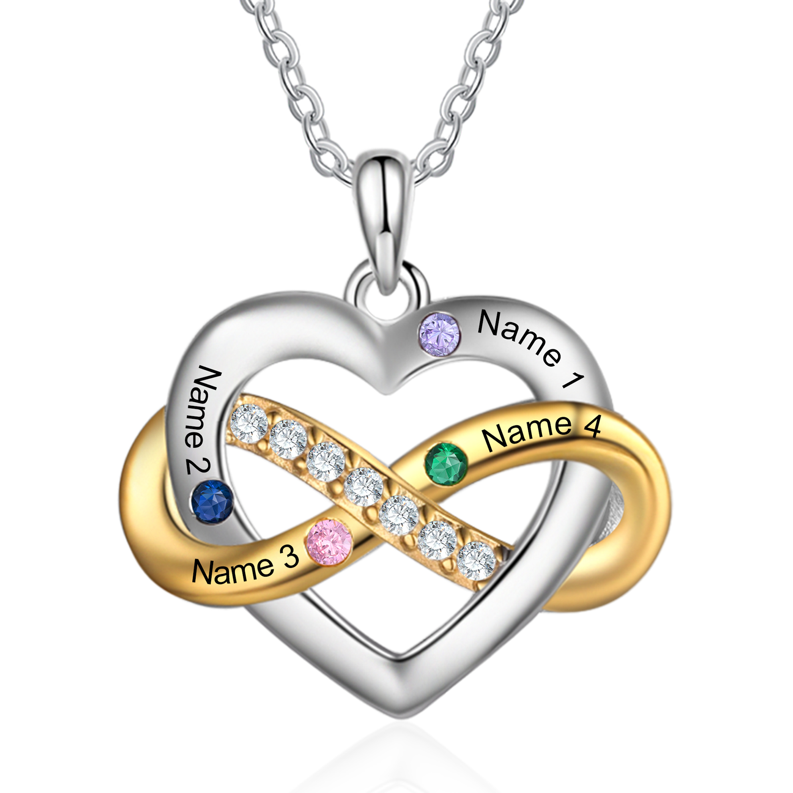 Collana Cuore Infinito personalizzata con 4 nomi e 4 Pietre di Nascita regalo per donna