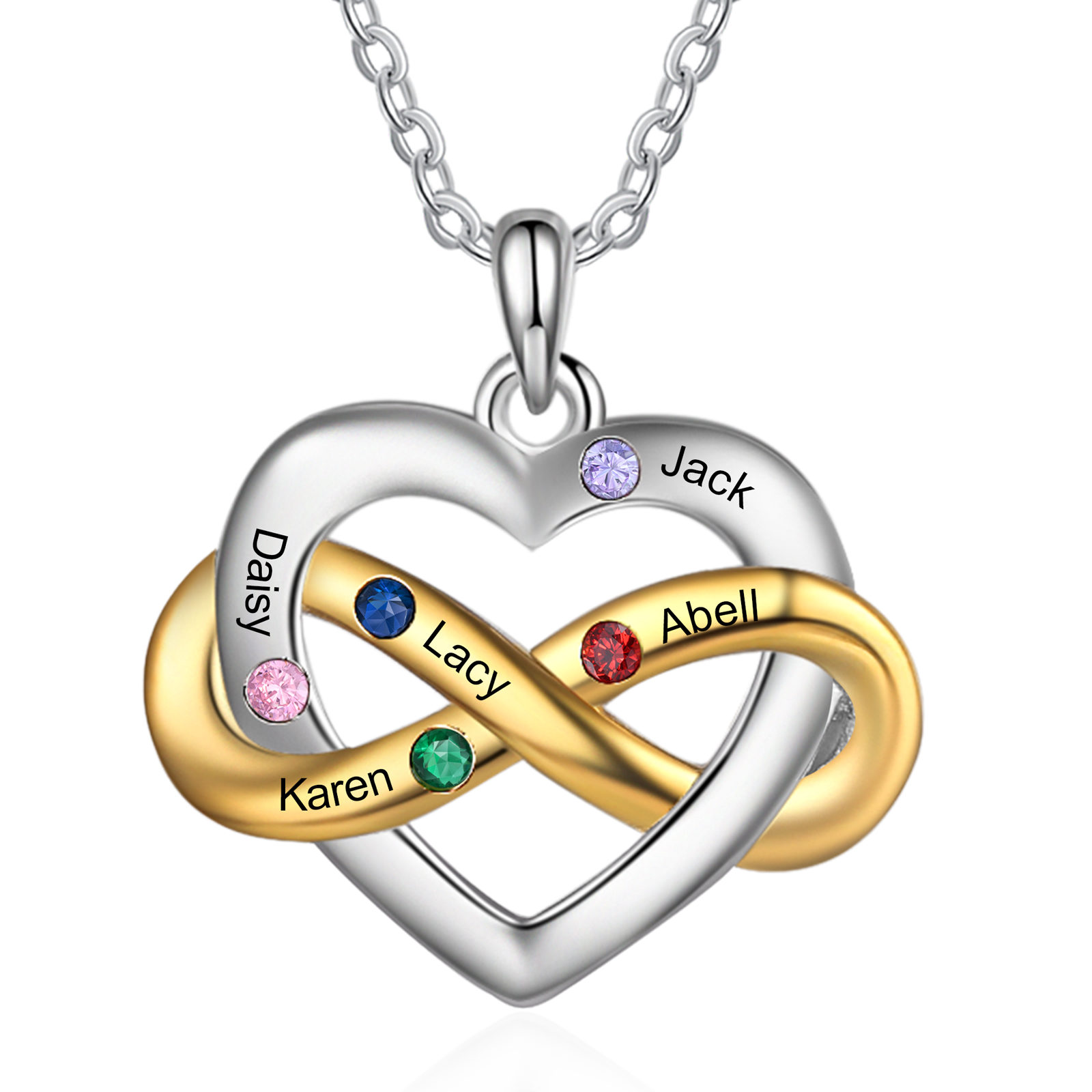 Collana Cuore Infinito personalizzata con 5 nomi e 5 Pietre di Nascita regalo per donna
