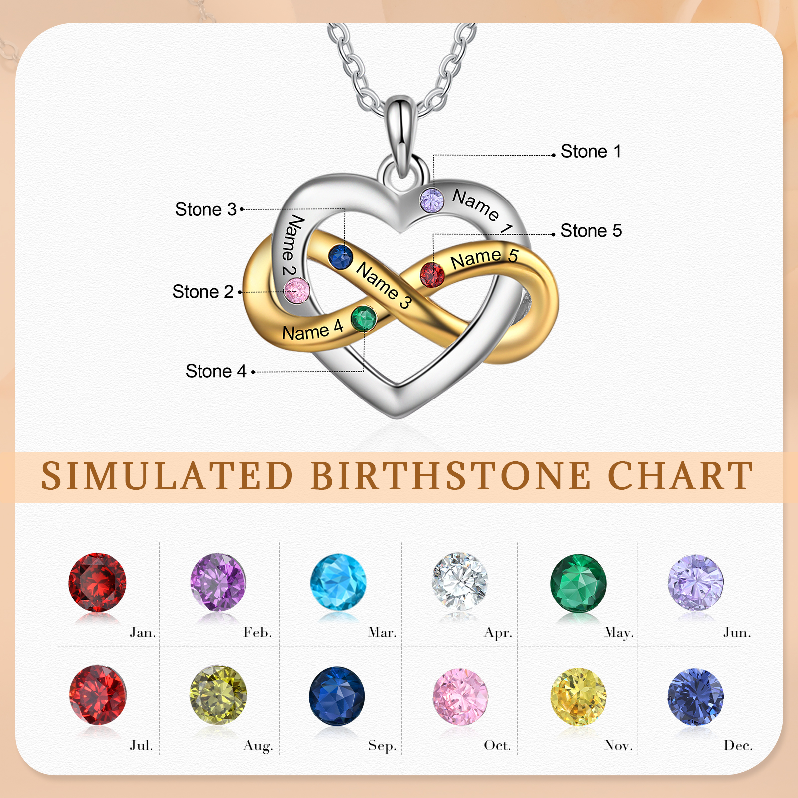 Collana Cuore Infinito personalizzata con 5 nomi e 5 Pietre di Nascita regalo per donna