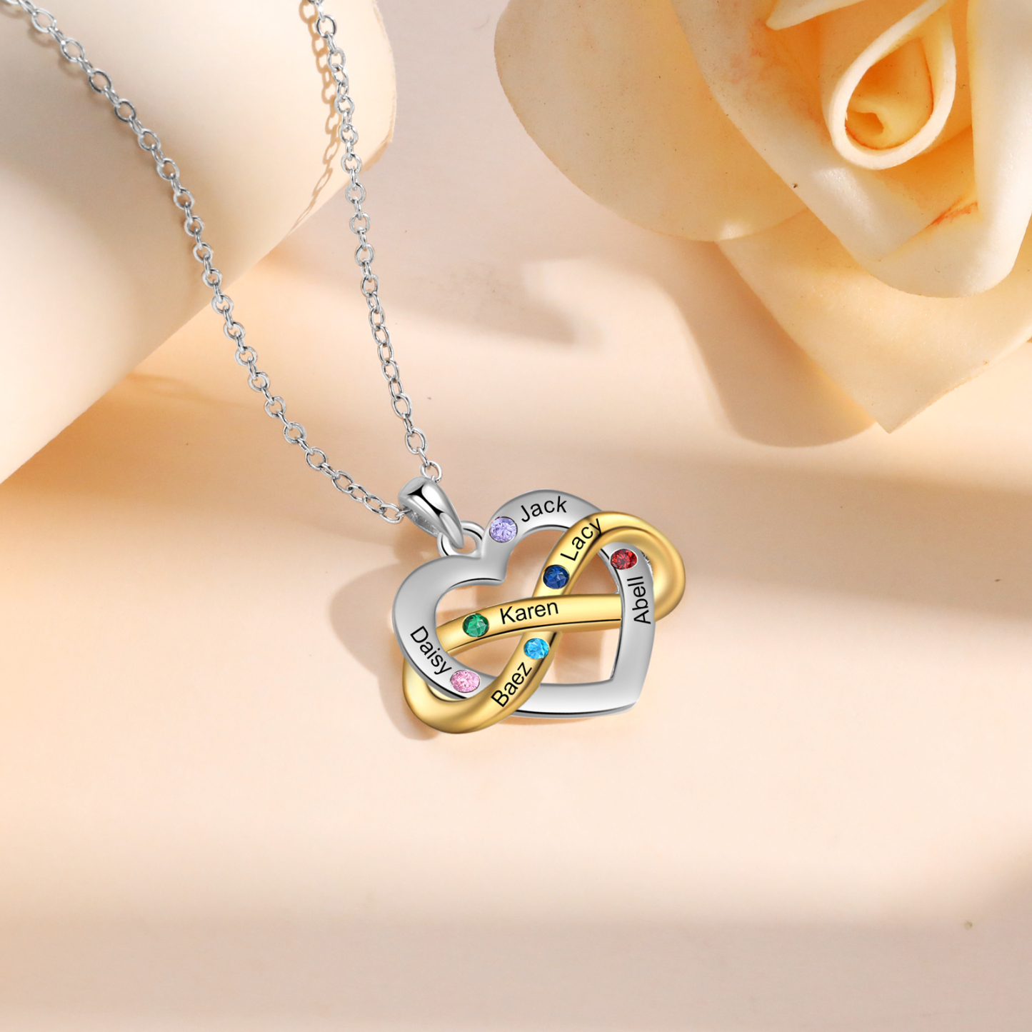 Collana Cuore Infinito personalizzata con 6 nomi e 6 Pietre di Nascita regalo per donna