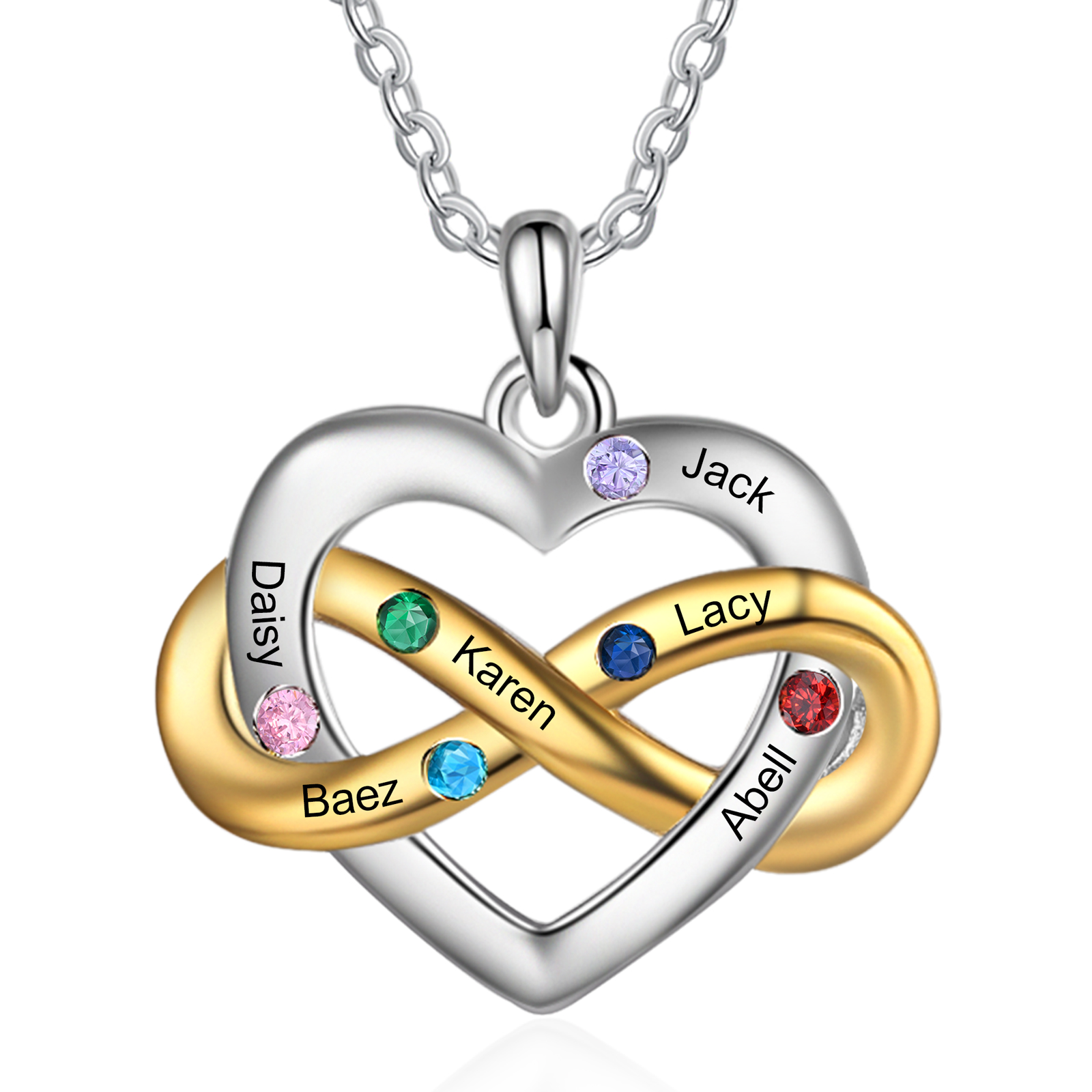 Collana Cuore Infinito personalizzata con 6 nomi e 6 Pietre di Nascita regalo per donna