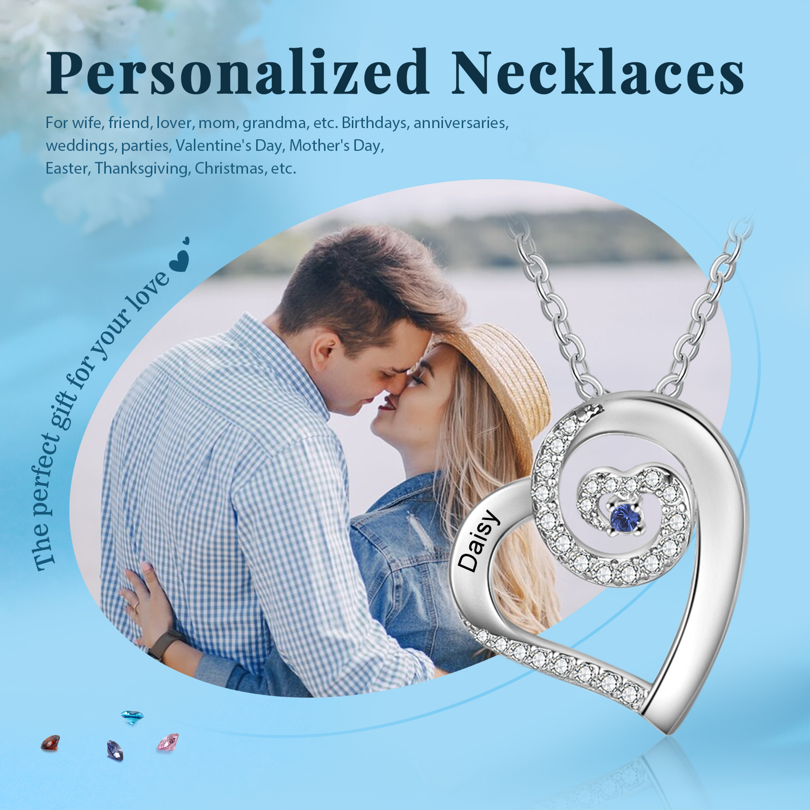 Collana Personalizzata per Donna con 1 Nome e 1 Pietra di Nascita regalo per l'amor tuo