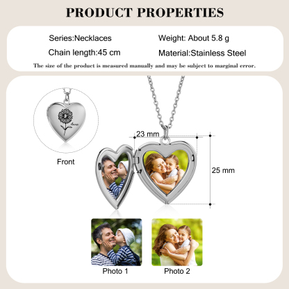 Collana cuore personalizzata con 2 foto e 1 fiore di nascita e 1 nome regalo per coppia