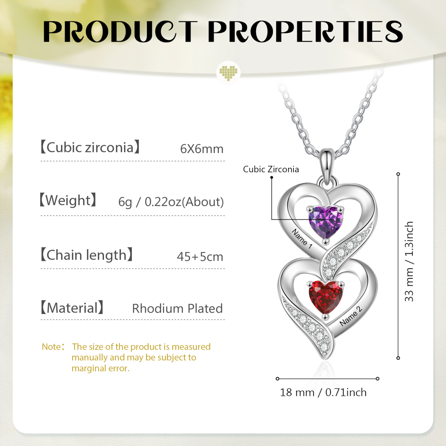 Personalised Heart Necklace - Custom 2 Names & 2 Birthstones Women's Pendant, Christmas Gift for Mum/Wife | Jessemade