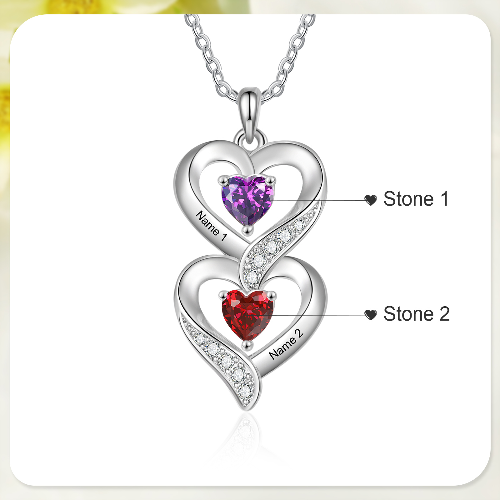 Personalised Heart Necklace - Custom 2 Names & 2 Birthstones Women's Pendant, Christmas Gift for Mum/Wife | Jessemade