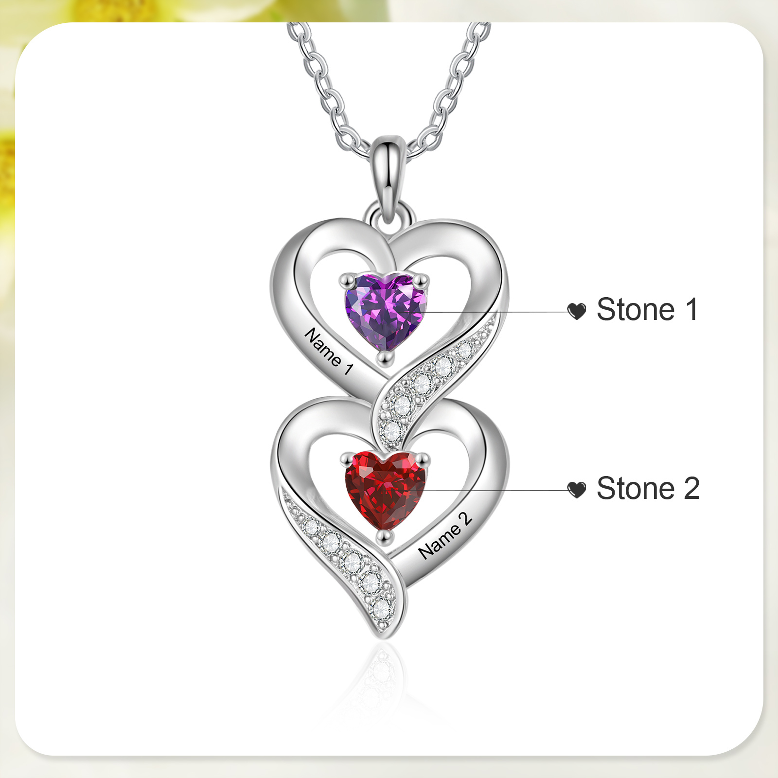 Personalised Heart Necklace - Custom 2 Names & 2 Birthstones Women's Pendant, Christmas Gift for Mum/Wife | Jessemade