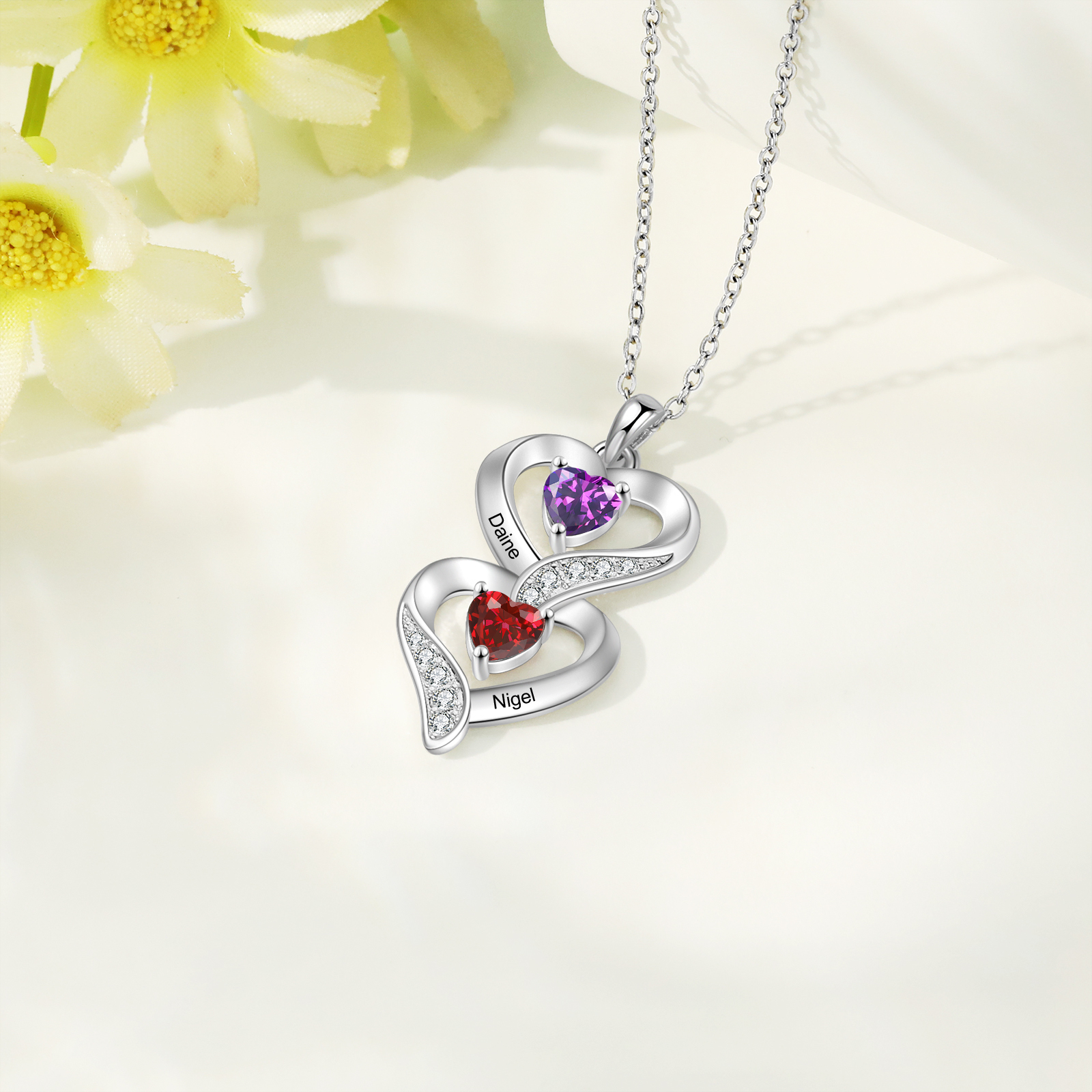 Personalised Heart Necklace - Custom 2 Names & 2 Birthstones Women's Pendant, Christmas Gift for Mum/Wife | Jessemade