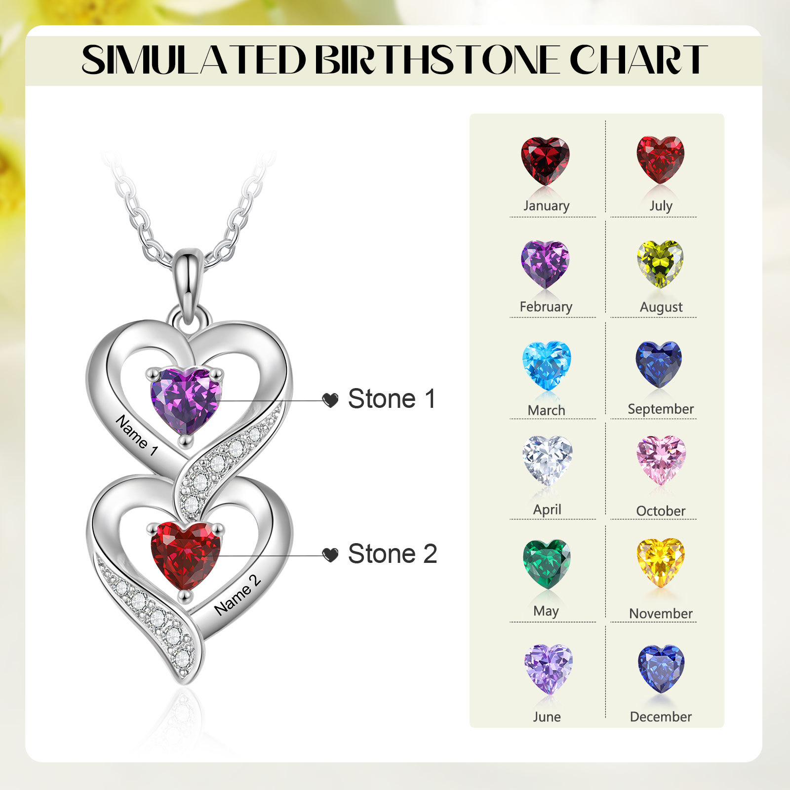 Personalised Heart Necklace - Custom 2 Names & 2 Birthstones Women's Pendant, Christmas Gift for Mum/Wife | Jessemade