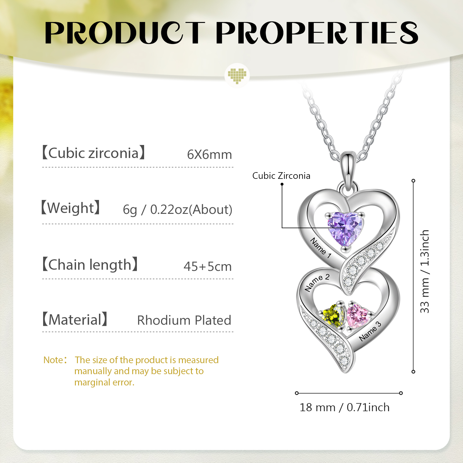 Personalised Heart Necklace - Custom 3 Names & 3 Birthstones Women's Pendant, Christmas Gift for Mum/Wife | Jessemade