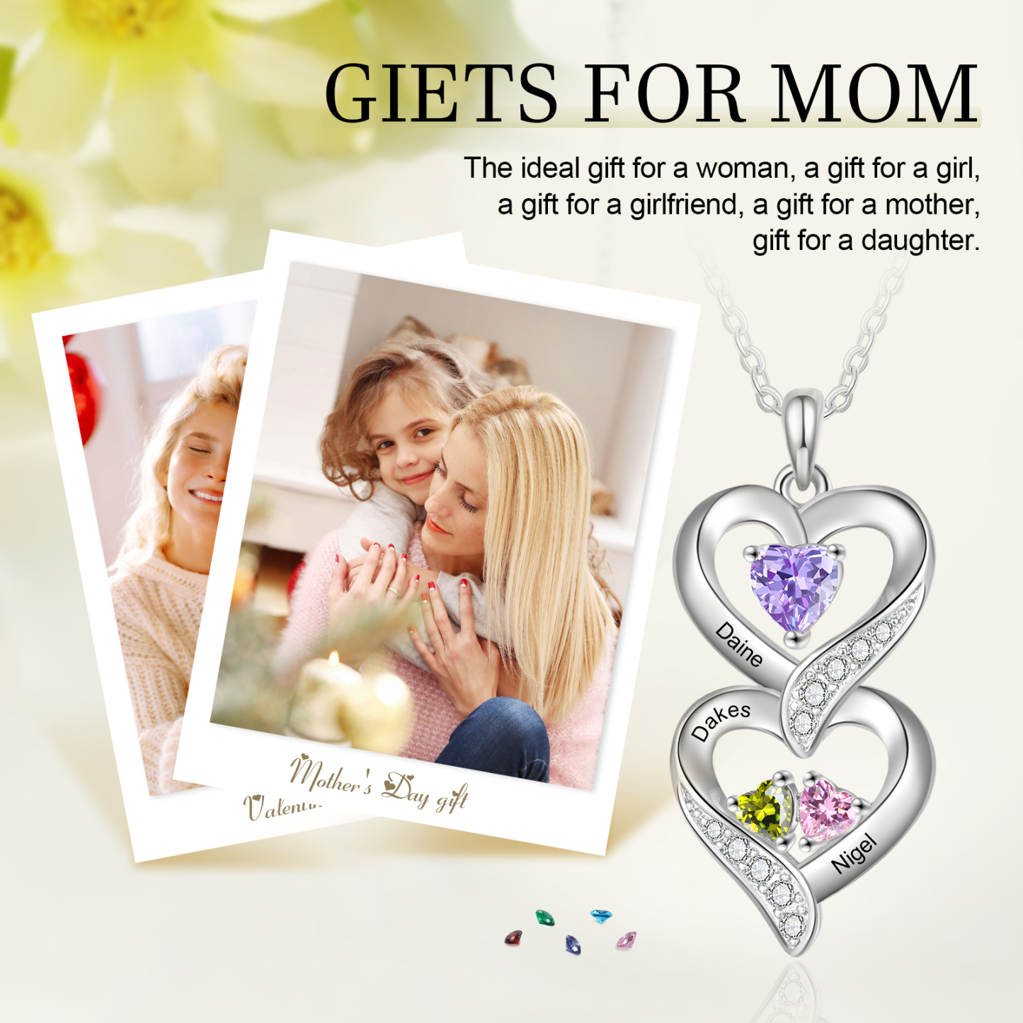 Personalised Heart Necklace - Custom 3 Names & 3 Birthstones Women's Pendant, Christmas Gift for Mum/Wife | Jessemade