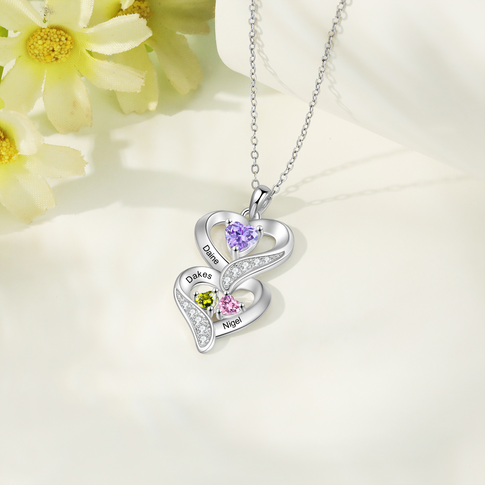 Personalised Heart Necklace - Custom 3 Names & 3 Birthstones Women's Pendant, Christmas Gift for Mum/Wife | Jessemade