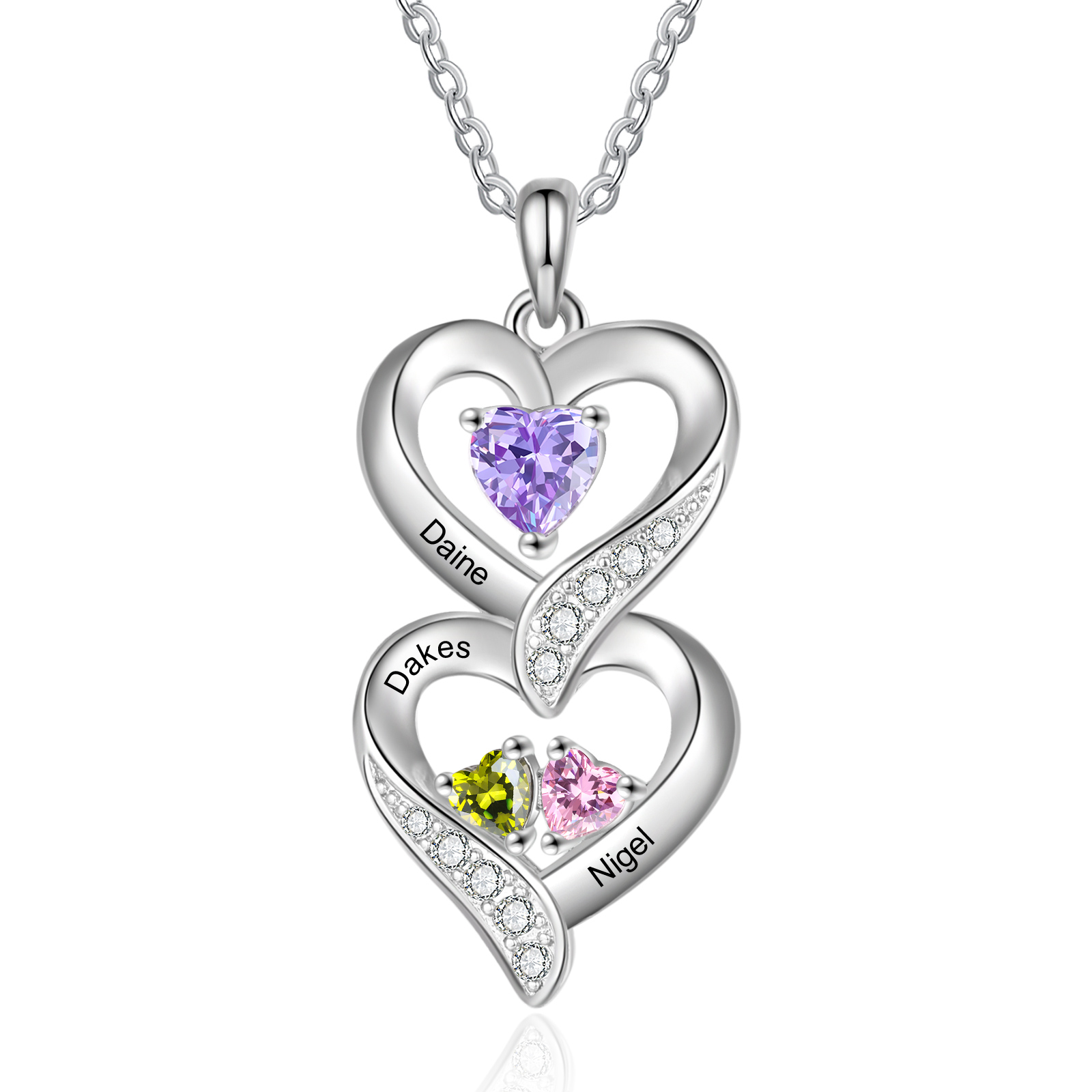 Collana Cuore Personalizzata - Ciondolo Donna con 3 Nomi e 3 Pietre di