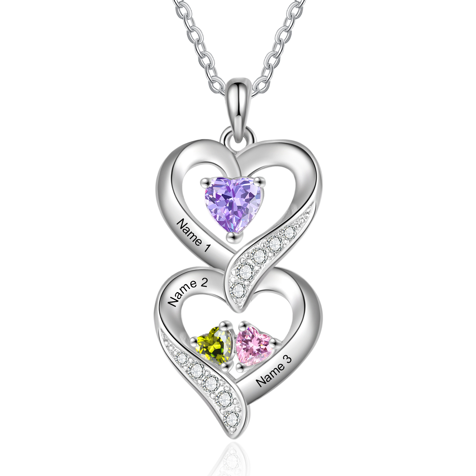 Personalised Heart Necklace - Custom 3 Names & 3 Birthstones Women's Pendant, Christmas Gift for Mum/Wife | Jessemade