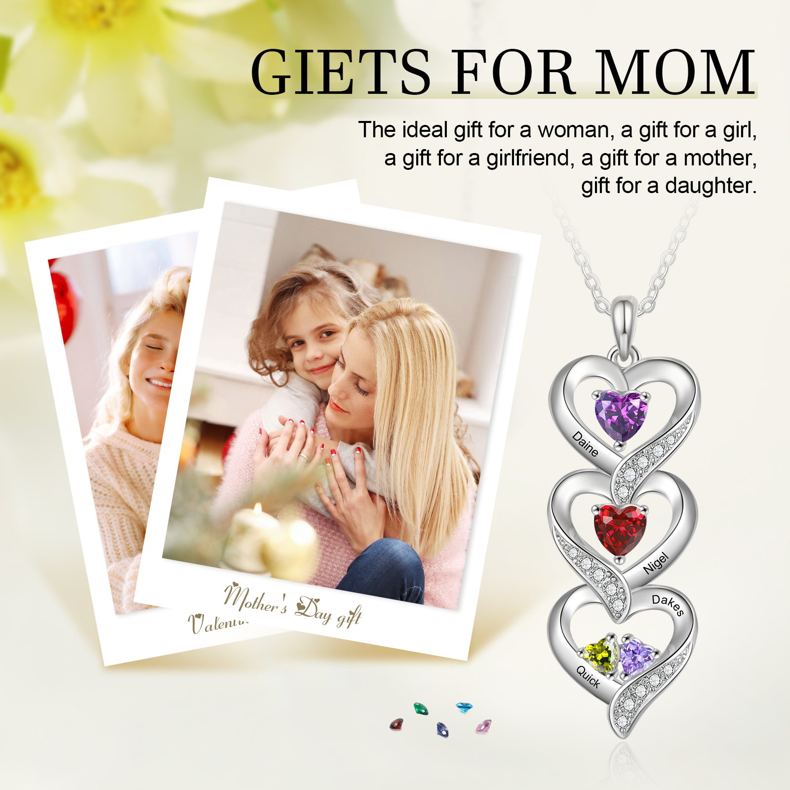 Personalised Heart Necklace - Custom 4 Names & 4 Birthstones Women's Pendant, Christmas Gift for Mum/Wife | Jessemade