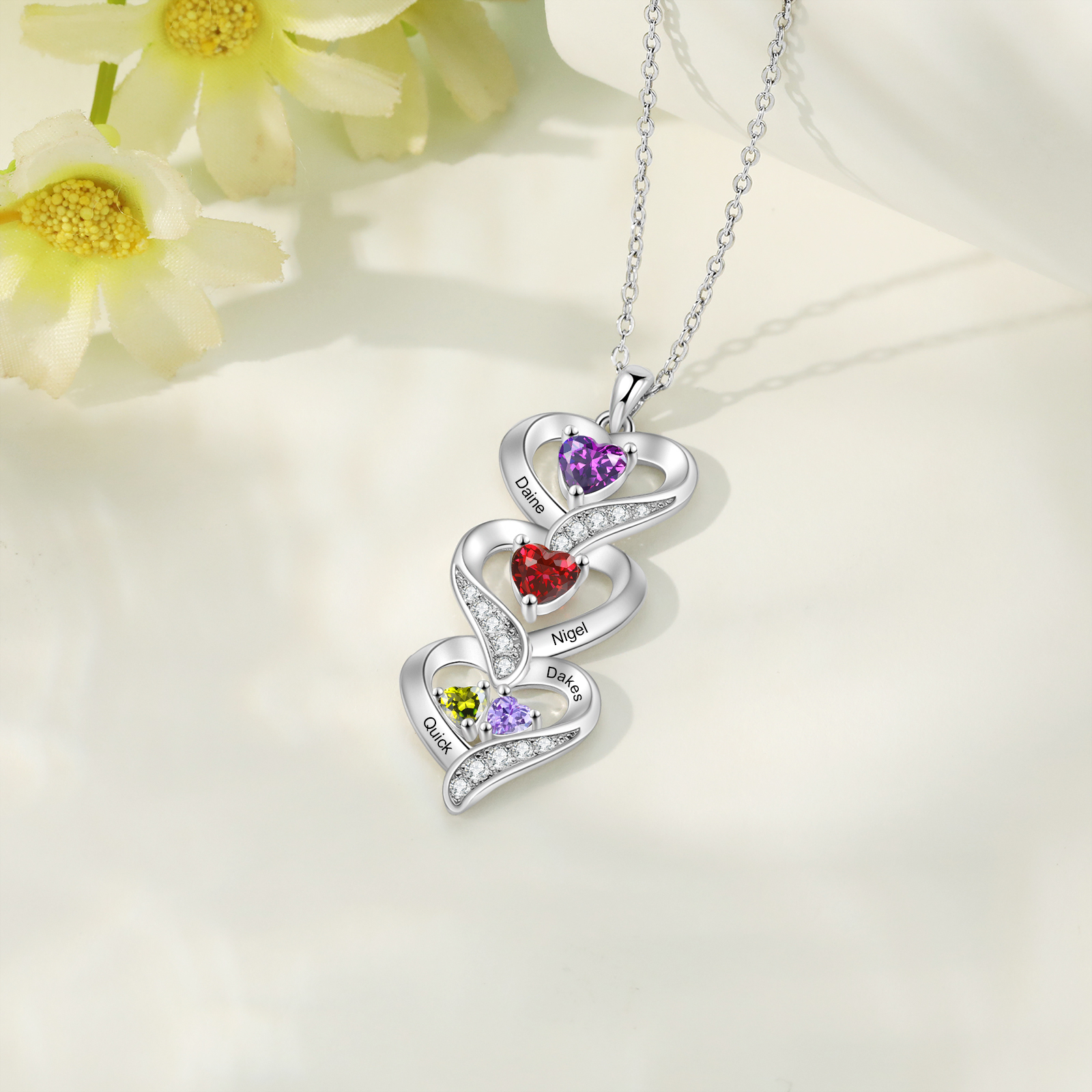 Personalised Heart Necklace - Custom 4 Names & 4 Birthstones Women's Pendant, Christmas Gift for Mum/Wife | Jessemade