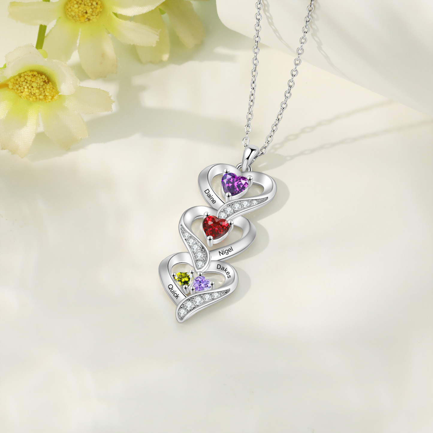 Personalised Heart Necklace - Custom 4 Names & 4 Birthstones Women's Pendant, Christmas Gift for Mum/Wife | Jessemade