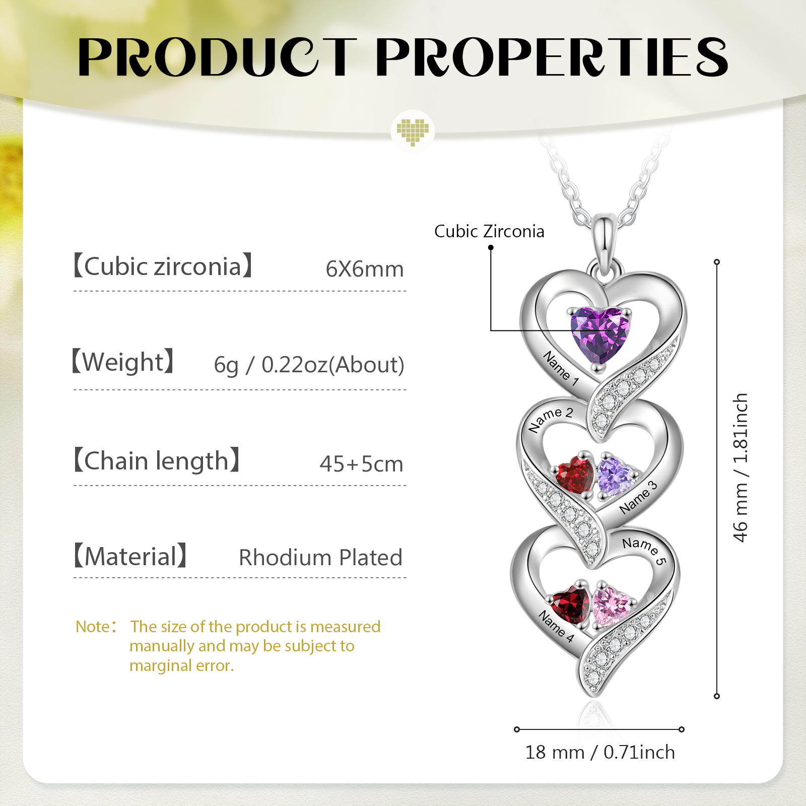 Personalised Heart Necklace - Custom 5 Names & 5 Birthstones Women's Pendant, Christmas Gift for Mum/Wife | Jessemade