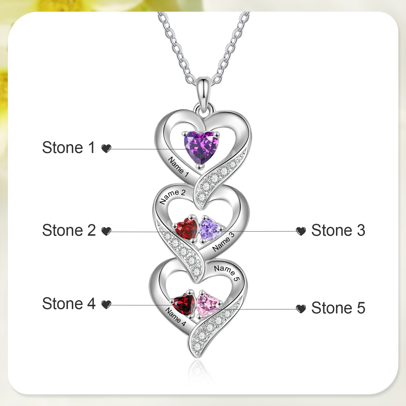 Personalised Heart Necklace - Custom 5 Names & 5 Birthstones Women's Pendant, Christmas Gift for Mum/Wife | Jessemade