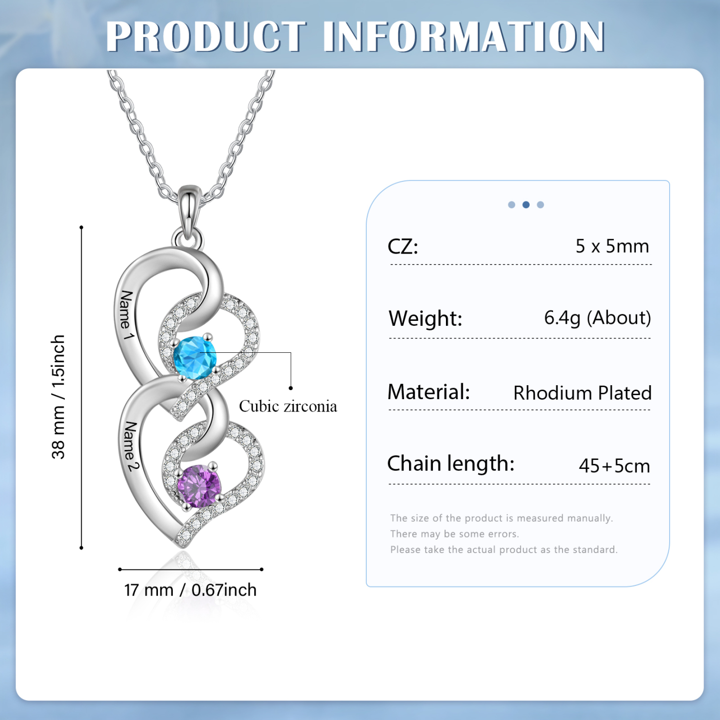 Personalised Heart-Shaped Birthstone Necklace - Custom 2 Names & 2 Birthstones Necklace Gift for Her | Jessemade