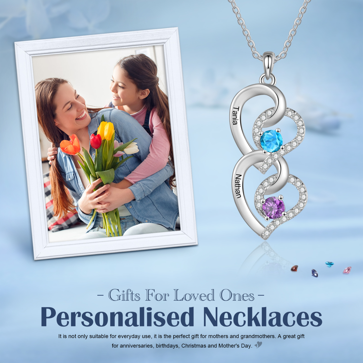 Personalised Heart-Shaped Birthstone Necklace - Custom 2 Names & 2 Birthstones Necklace Gift for Her | Jessemade