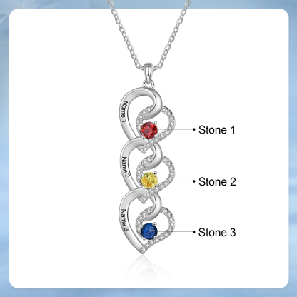 Personalised Heart-Shaped Birthstone Necklace - Custom 3 Names & 3 Birthstones Necklace Gift for Her | Jessemade