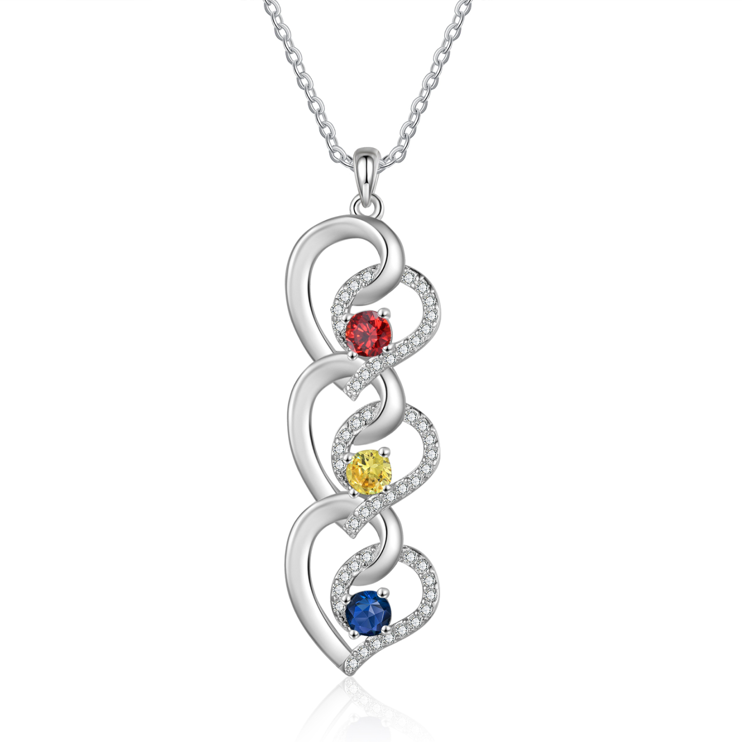 Personalised Heart-Shaped Birthstone Necklace - Custom 3 Names & 3 Birthstones Necklace Gift for Her | Jessemade