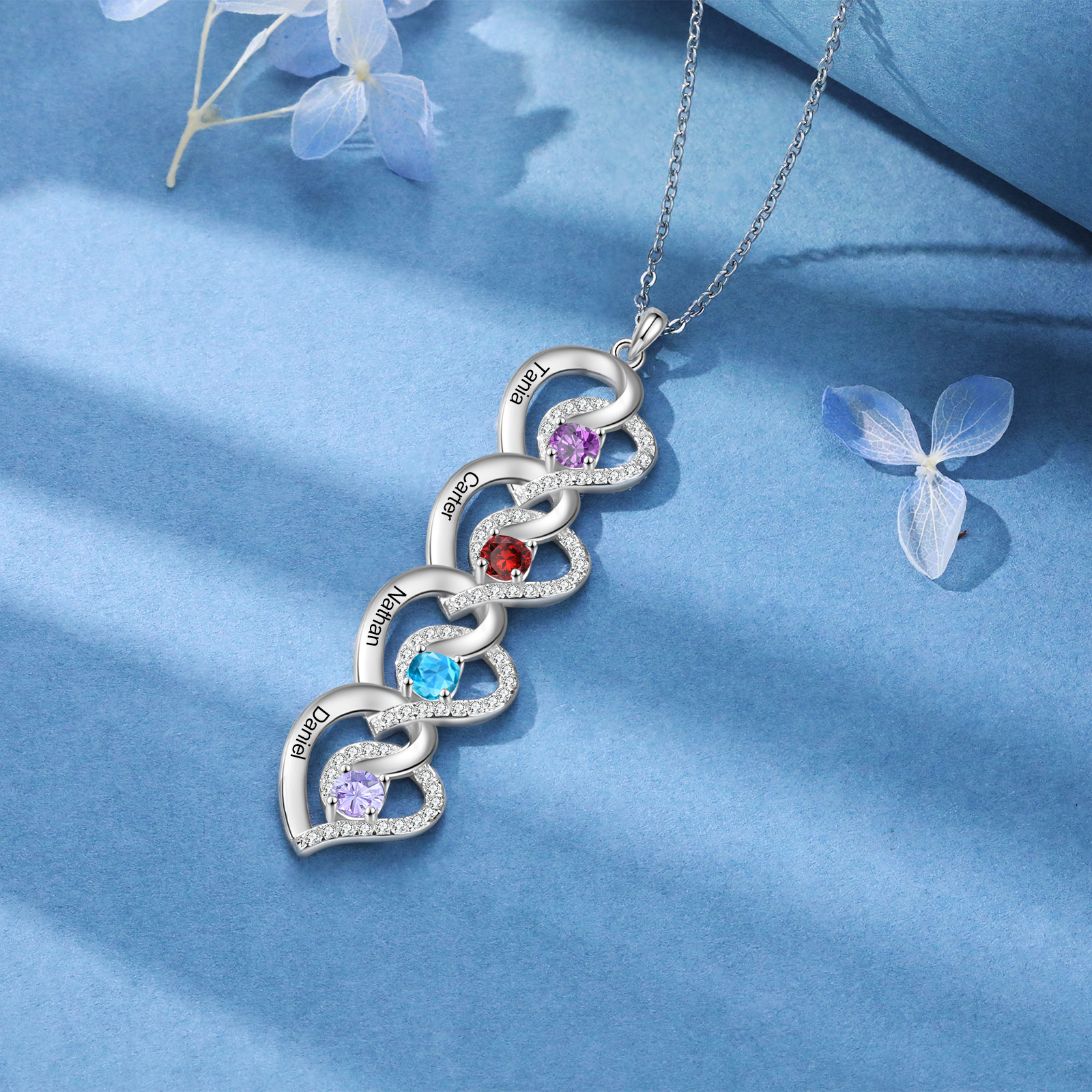 Personalised Heart-Shaped Birthstone Necklace - Custom 4 Names & 4 Birthstones Necklace Gift for Her | Jessemade